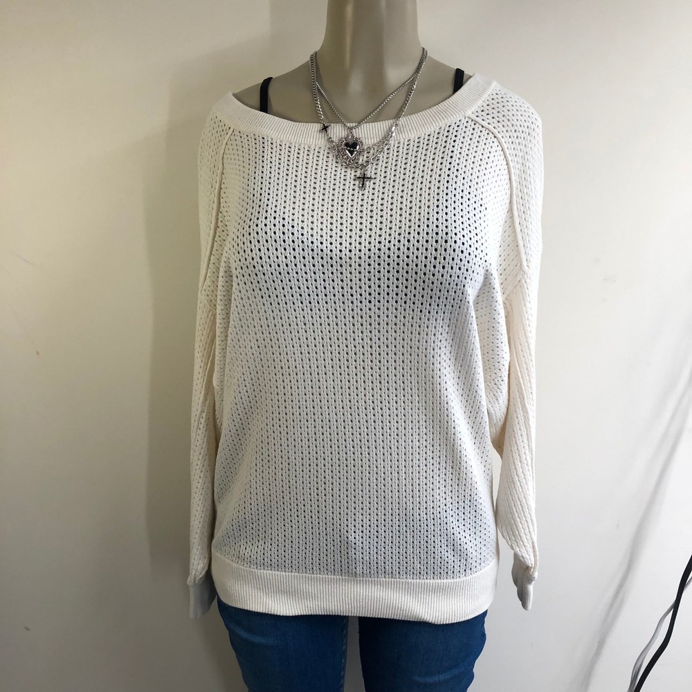 Zara Ivory Open Knit Wide Neck Sweater Off Shoulder Slouchy Mesh Top Womens M